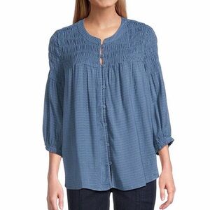 Intro Womens New Crinkle Gauze Crew Neck 3/4 Sleeve Smocked Button Blouse Large